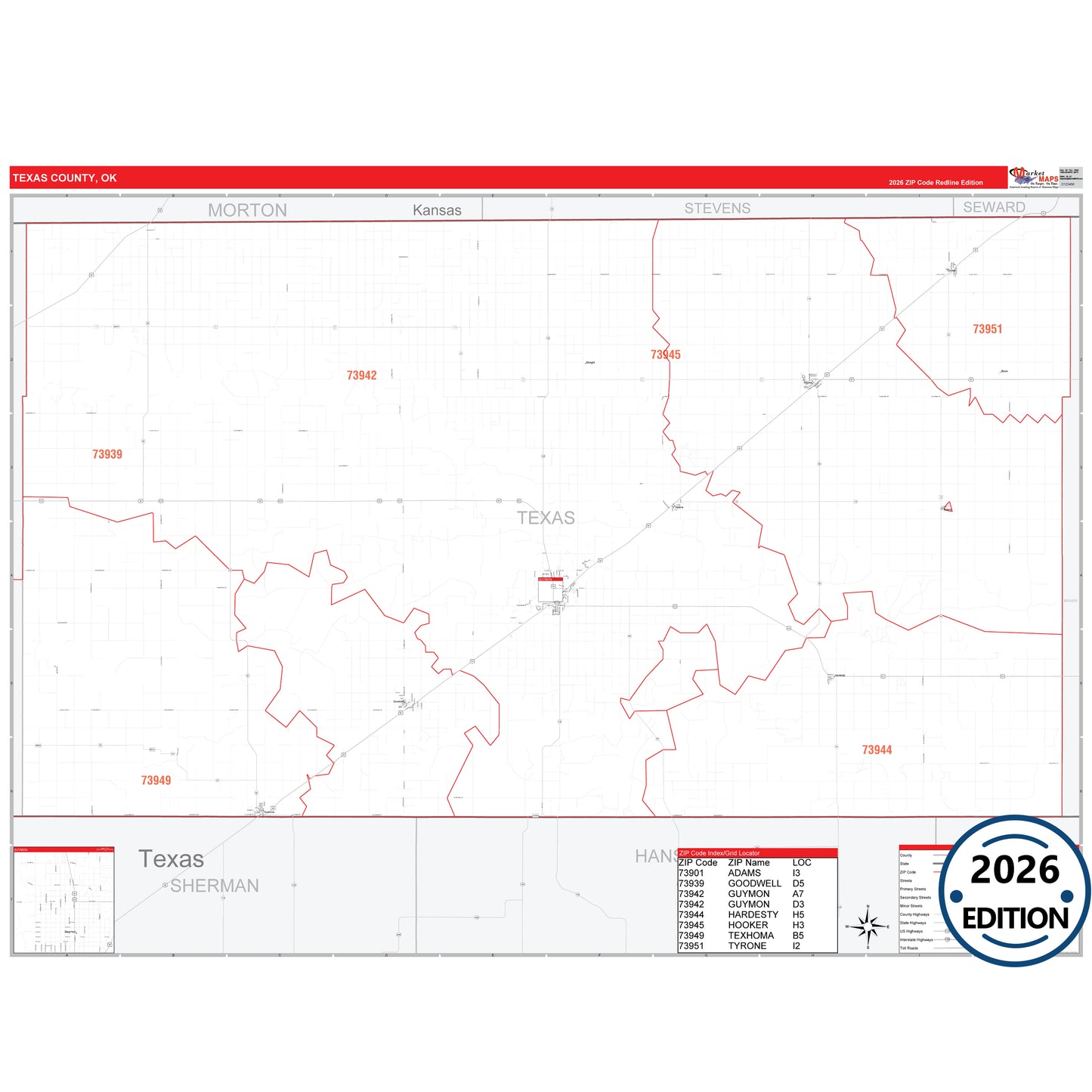 Texas County, OK Red Line 5 Digit ZIP Code Wall Map