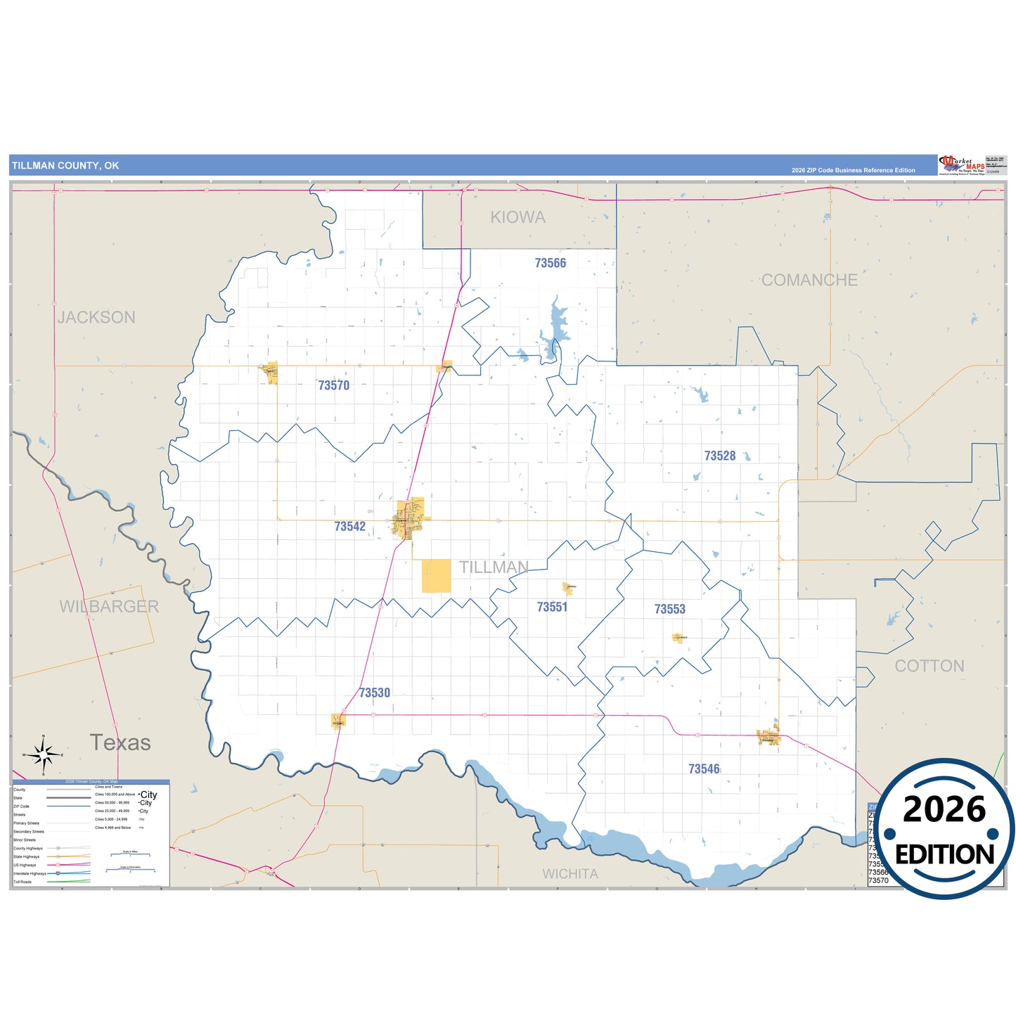 Tillman County, OK Business Reference 5 Digit ZIP Code Wall Map