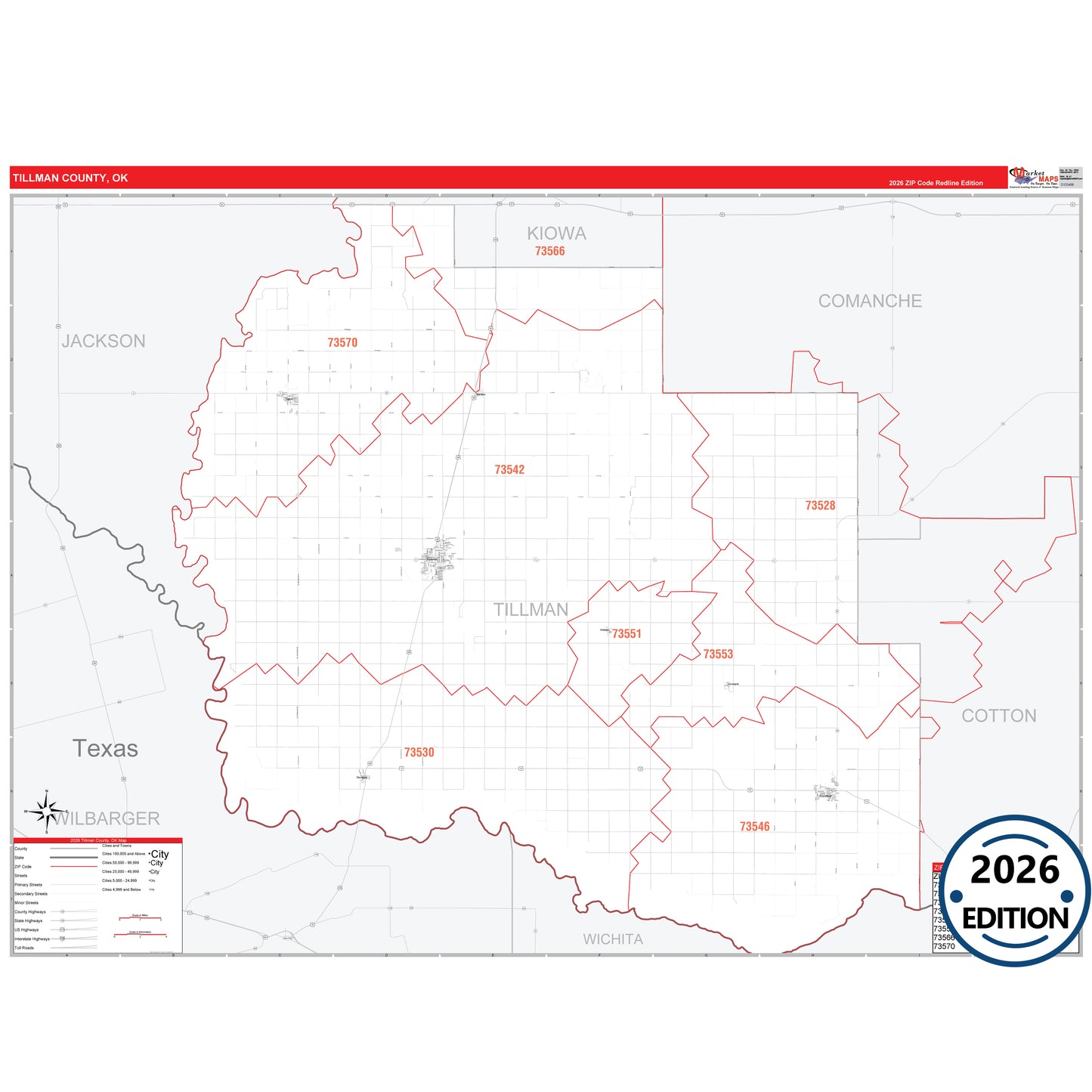 Tillman County, OK Red Line 5 Digit ZIP Code Wall Map