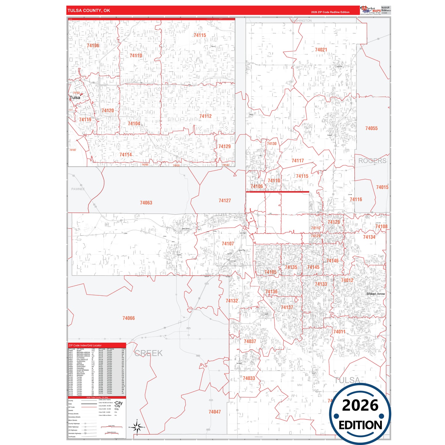 Tulsa County, OK Red Line 5 Digit ZIP Code Wall Map