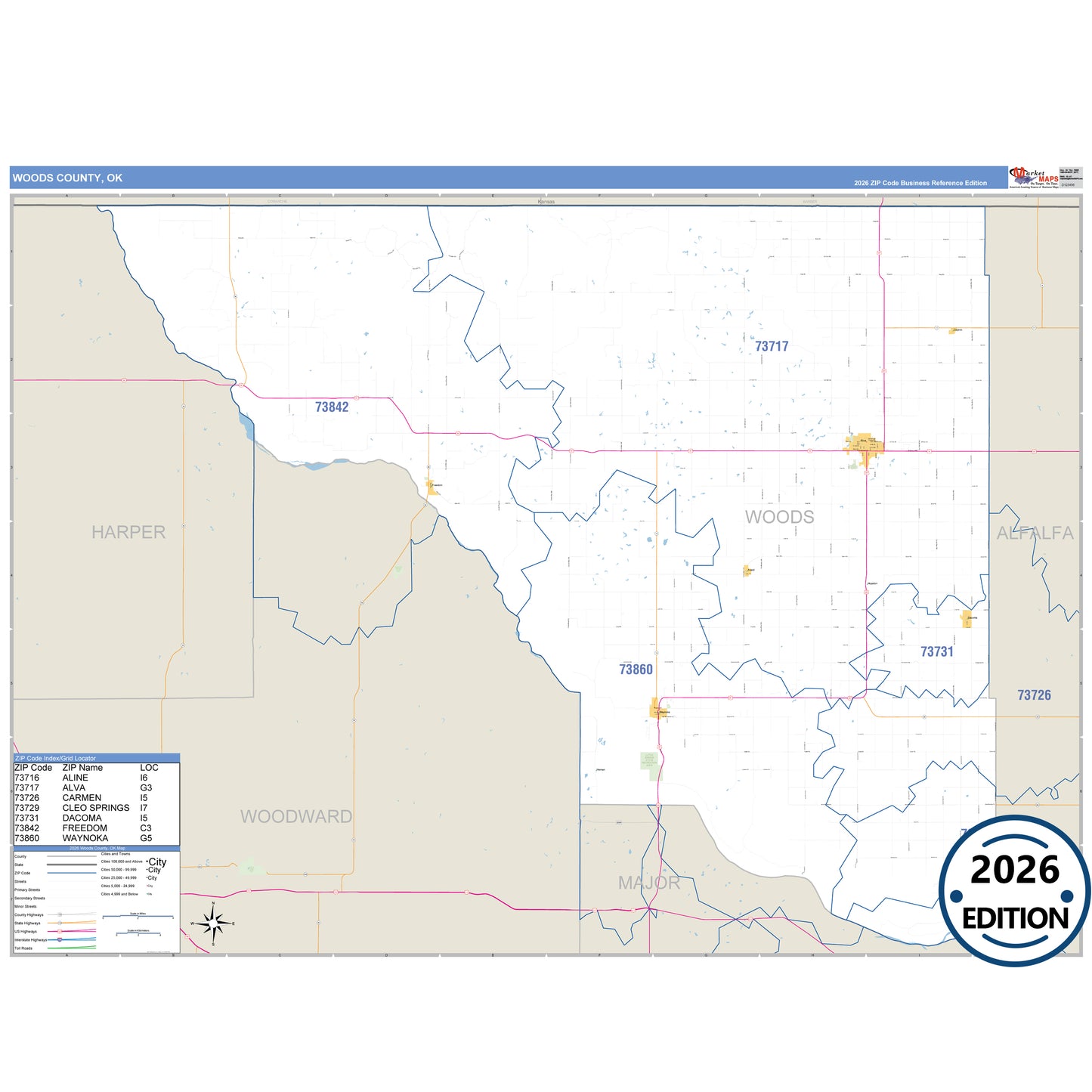 Woods County, OK Business Reference 5 Digit ZIP Code Wall Map