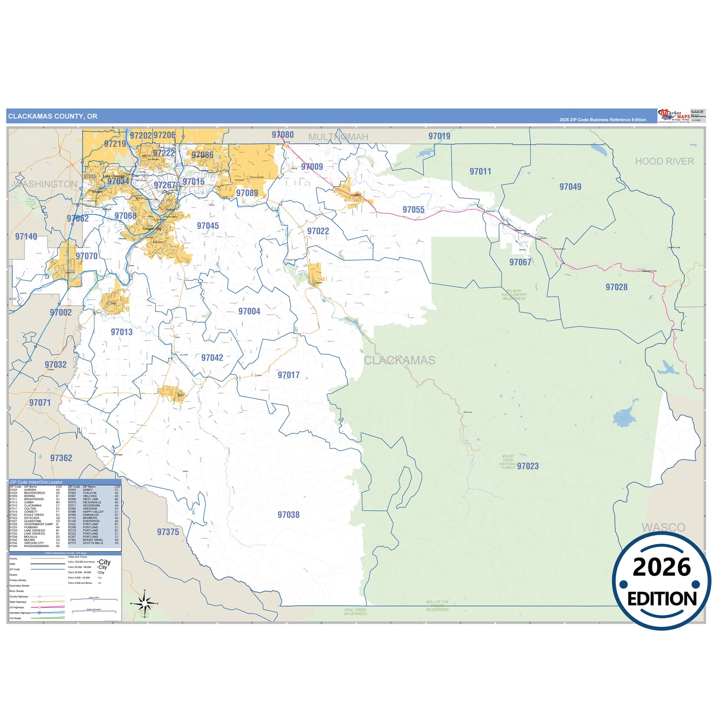 Clackamas County, OR Business Reference 5 Digit ZIP Code Wall Map