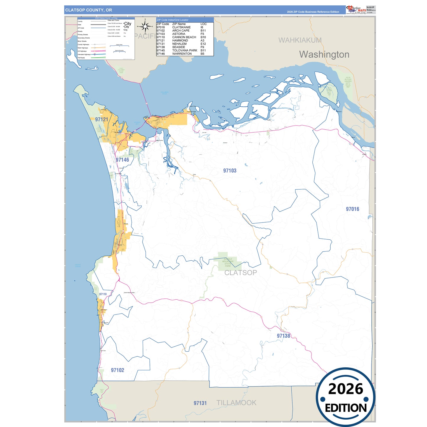 Clatsop County, OR Business Reference 5 Digit ZIP Code Wall Map