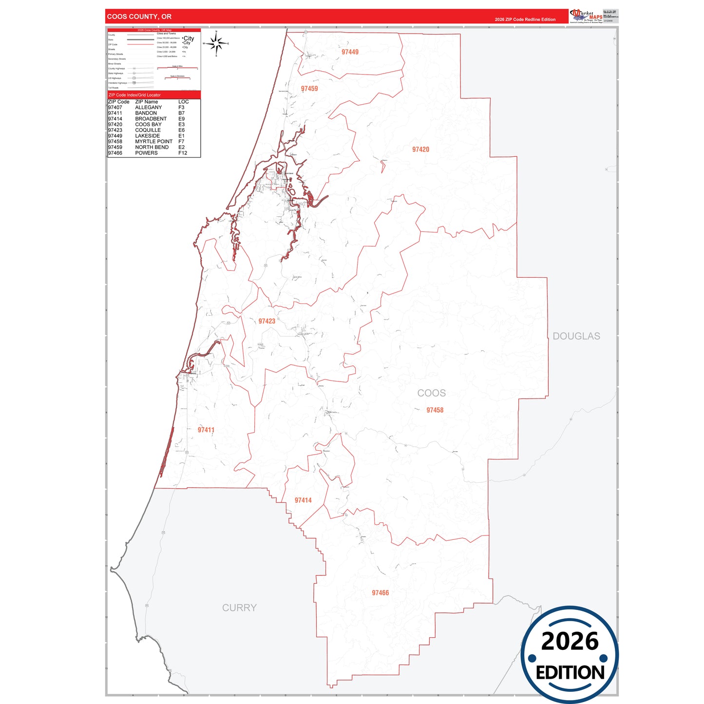Coos County, OR Red Line 5 Digit ZIP Code Wall Map