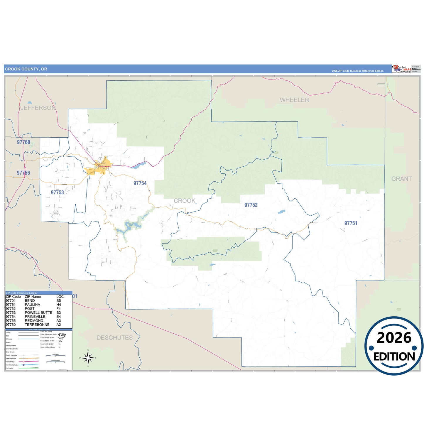 Crook County, OR Business Reference 5 Digit ZIP Code Wall Map