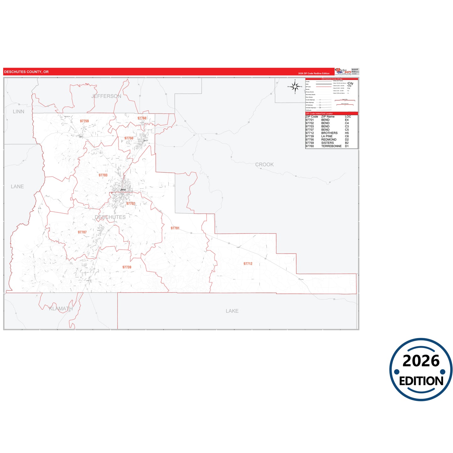 Deschutes County, OR Red Line 5 Digit ZIP Code Wall Map