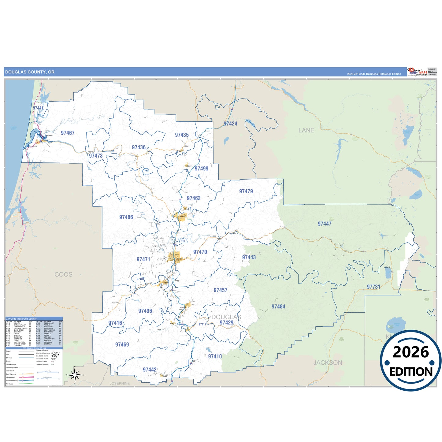 Douglas County, OR Business Reference map with detailed roads, cities, and ZIP code boundaries.