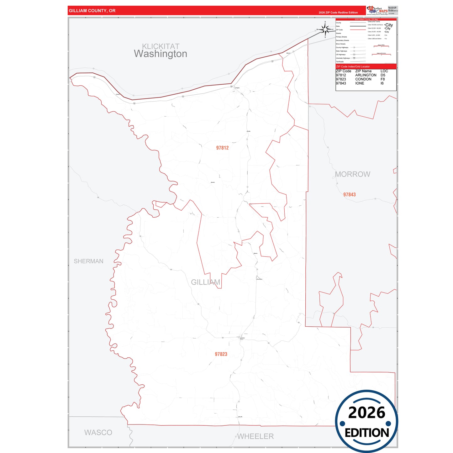 Gilliam County, OR Red Line 5 Digit ZIP Code Wall Map