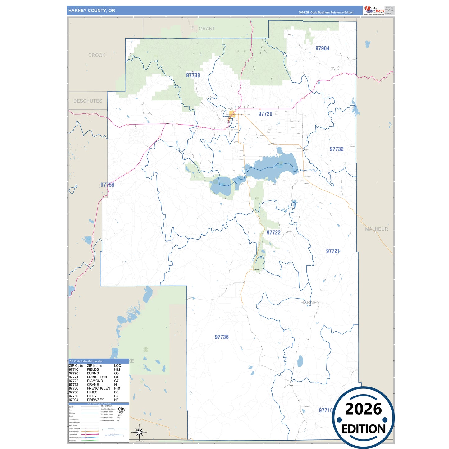 Harney County, OR Business Reference 5 Digit ZIP Code Wall Map