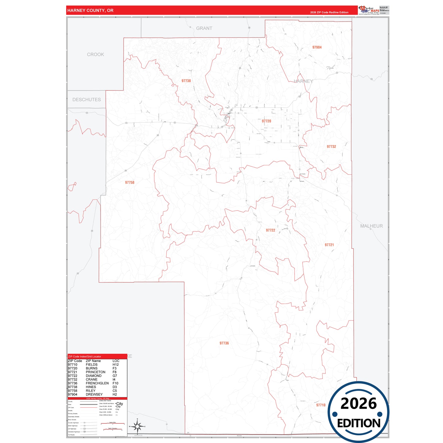 Harney County, OR Red Line 5 Digit ZIP Code Wall Map