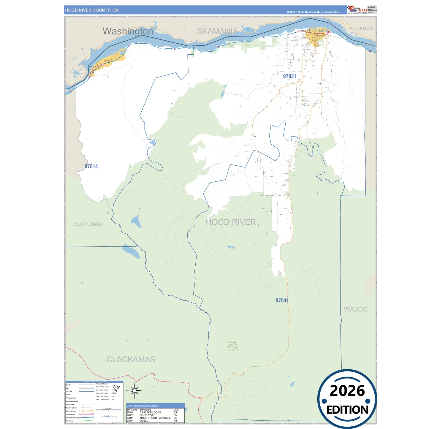 Hood River County, OR Business Reference 5 Digit ZIP Code Wall Map