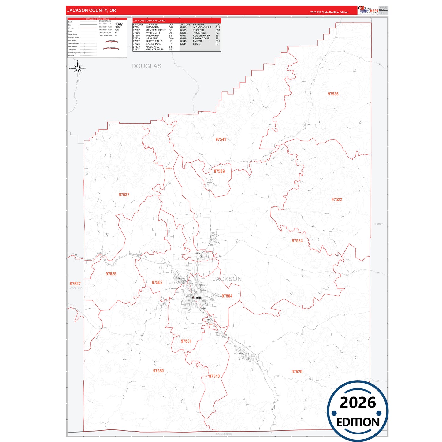Jackson County, OR Red Line 5 Digit ZIP Code Wall Map