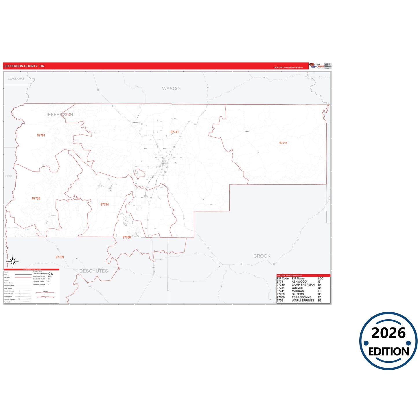 Jefferson County, OR Red Line 5 Digit ZIP Code Wall Map