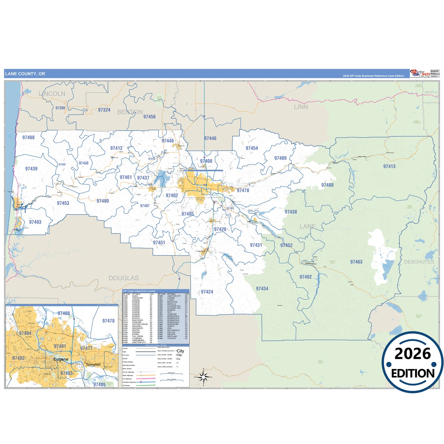 Lane County, OR Business Reference 5 Digit ZIP Code Wall Map