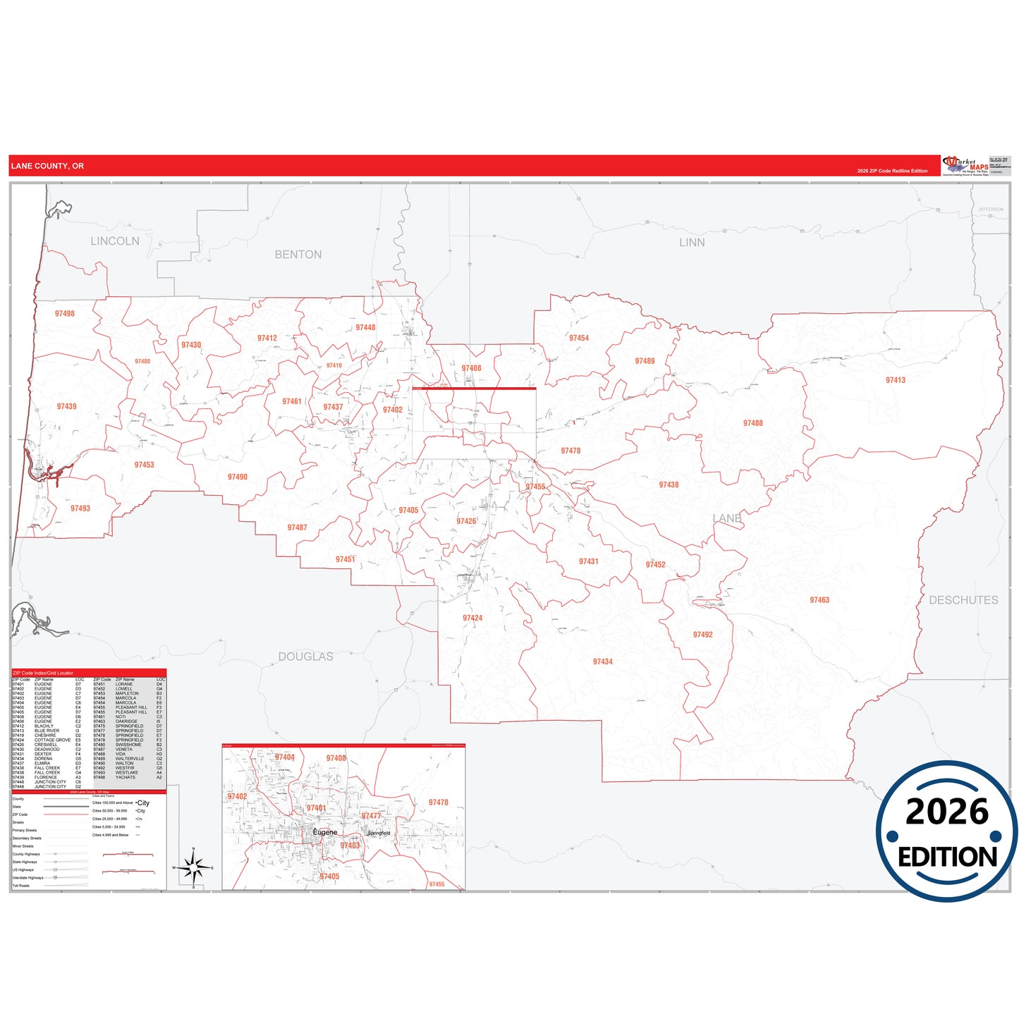 Lane County, OR Red Line 5 Digit ZIP Code Wall Map