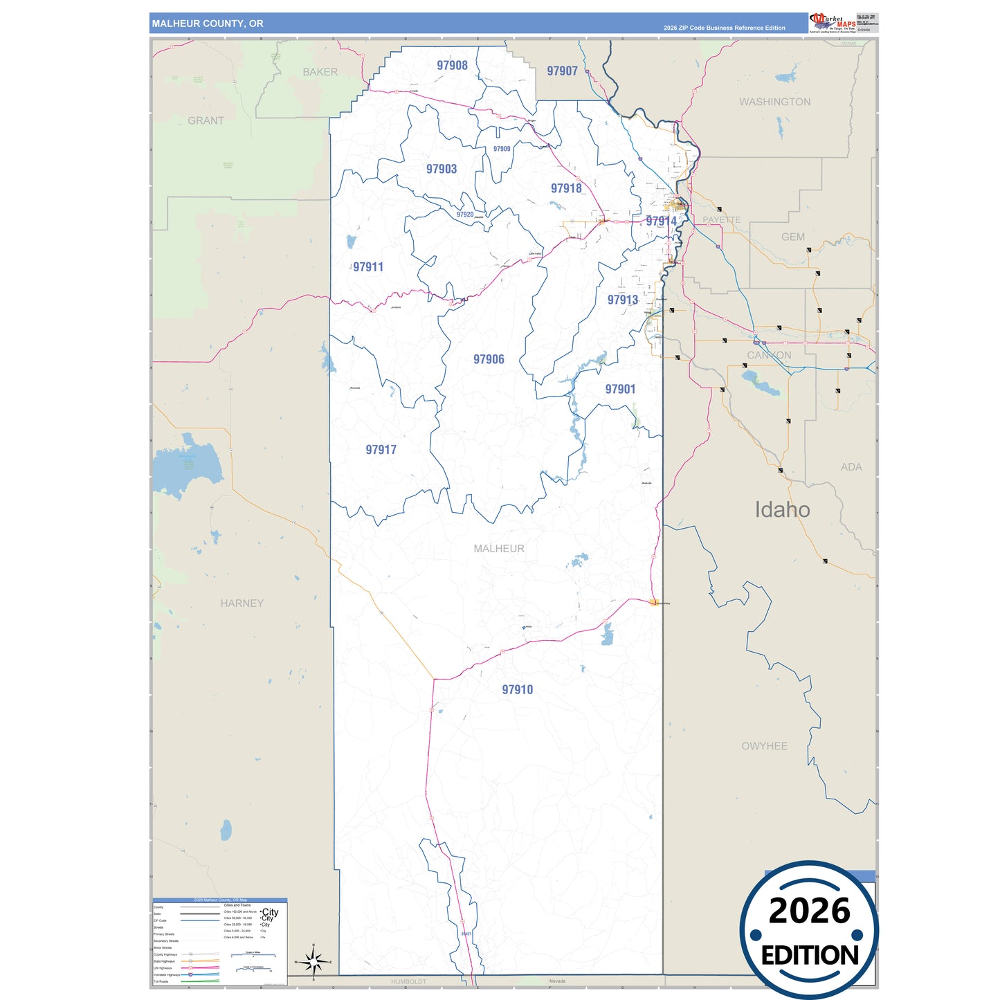Malheur County, OR Business Reference 5 Digit ZIP Code Wall Map