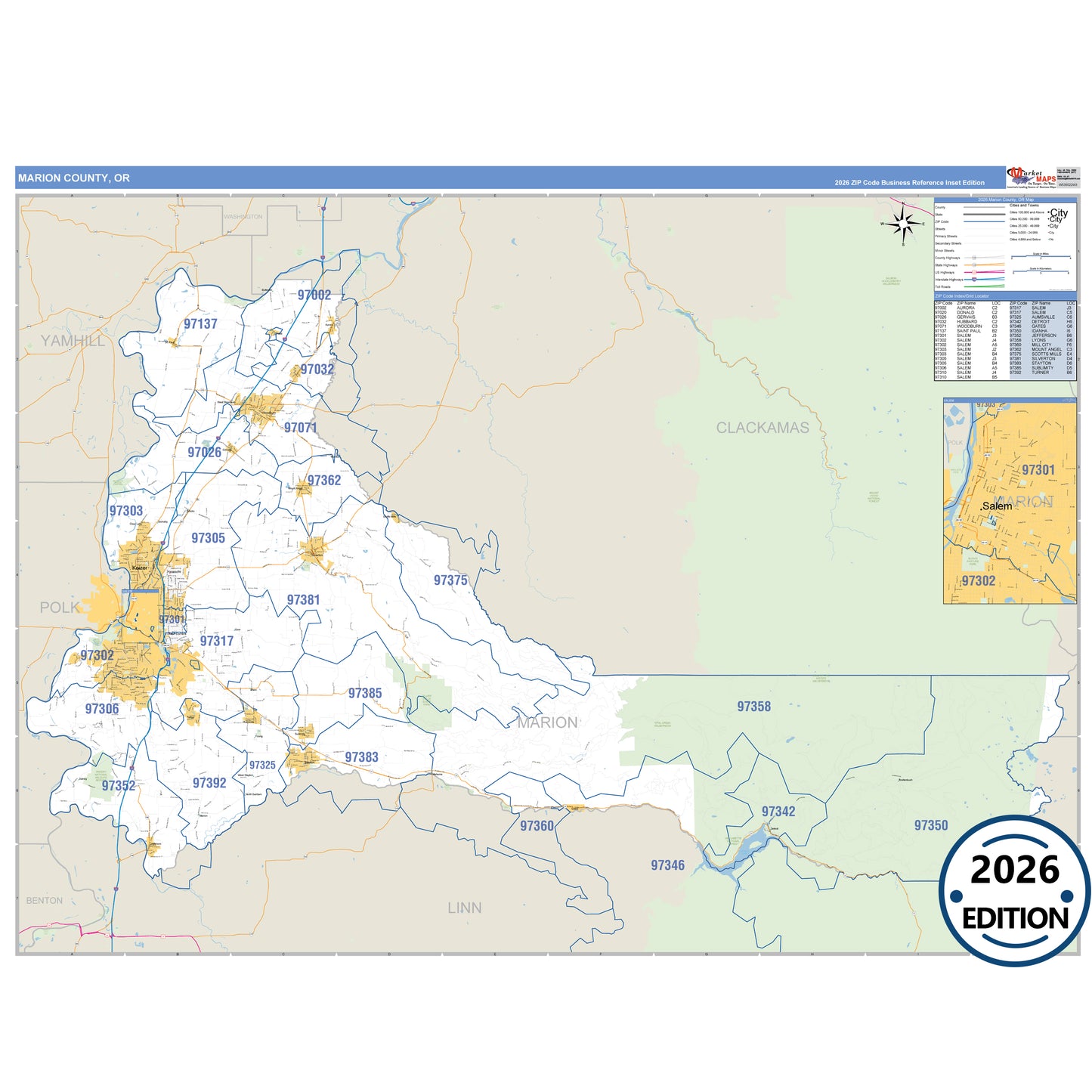 Marion County, OR Business Reference 5 Digit ZIP Code Wall Map