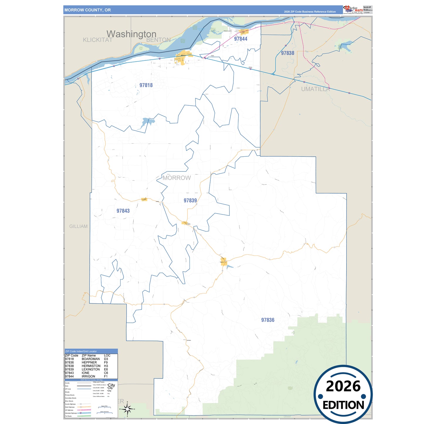 Morrow County, OR Business Reference map with detailed roads, cities, and ZIP code boundaries.