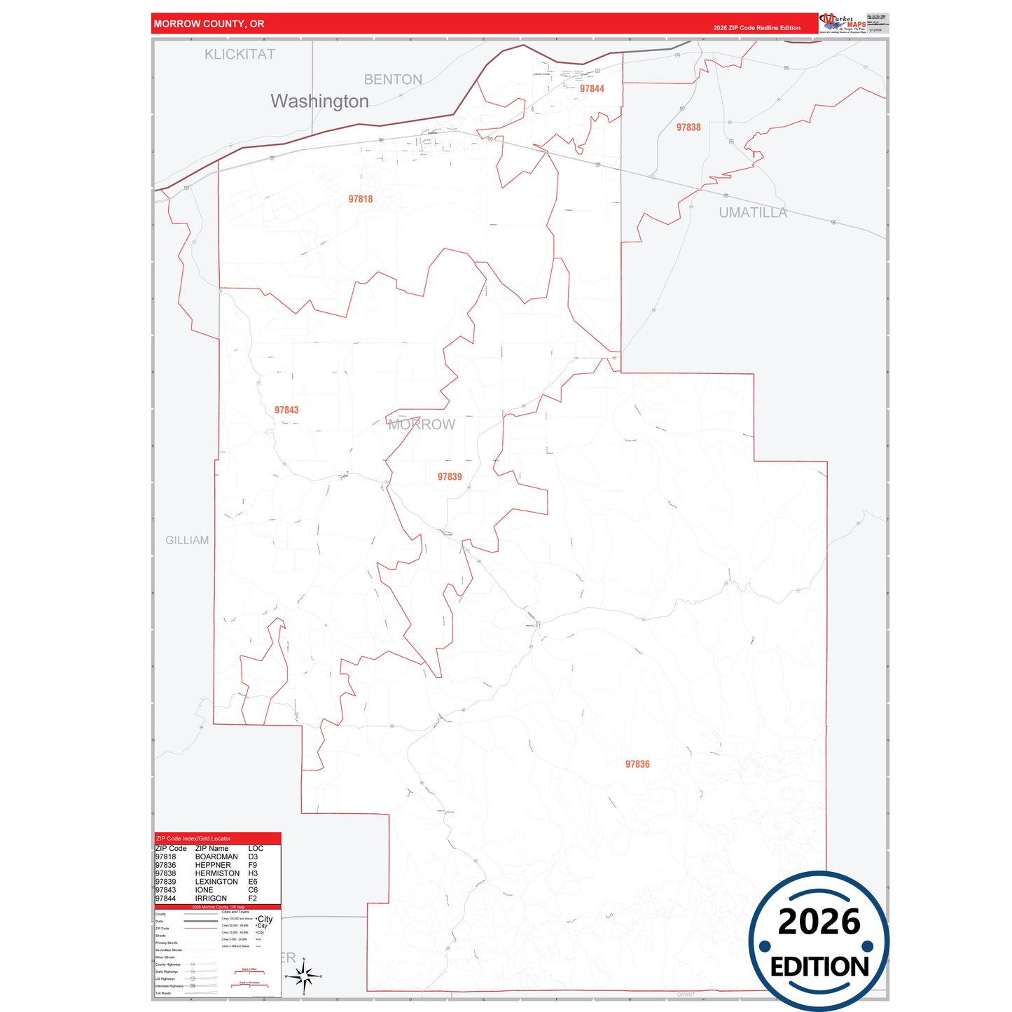 Morrow County, OR Red Line 5 Digit ZIP Code Wall Map