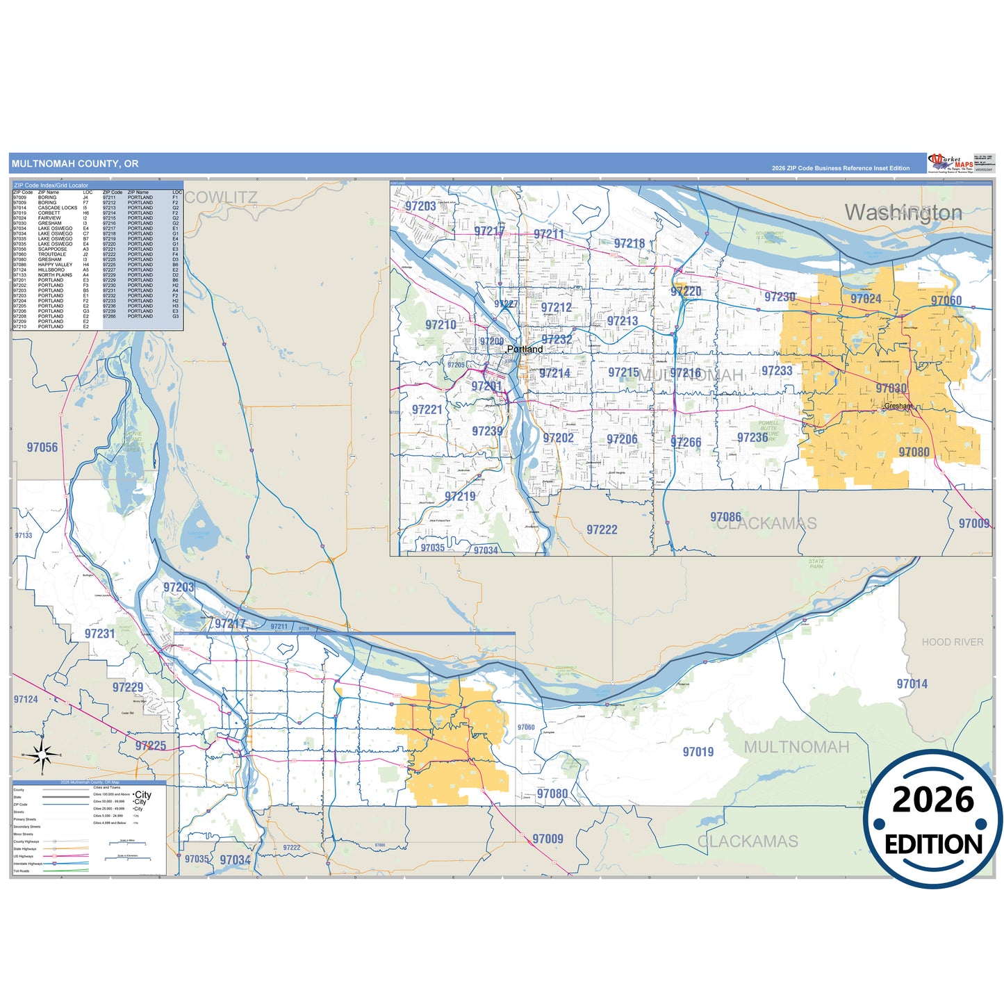 Multnomah County, OR Business Reference 5 Digit ZIP Code Wall Map