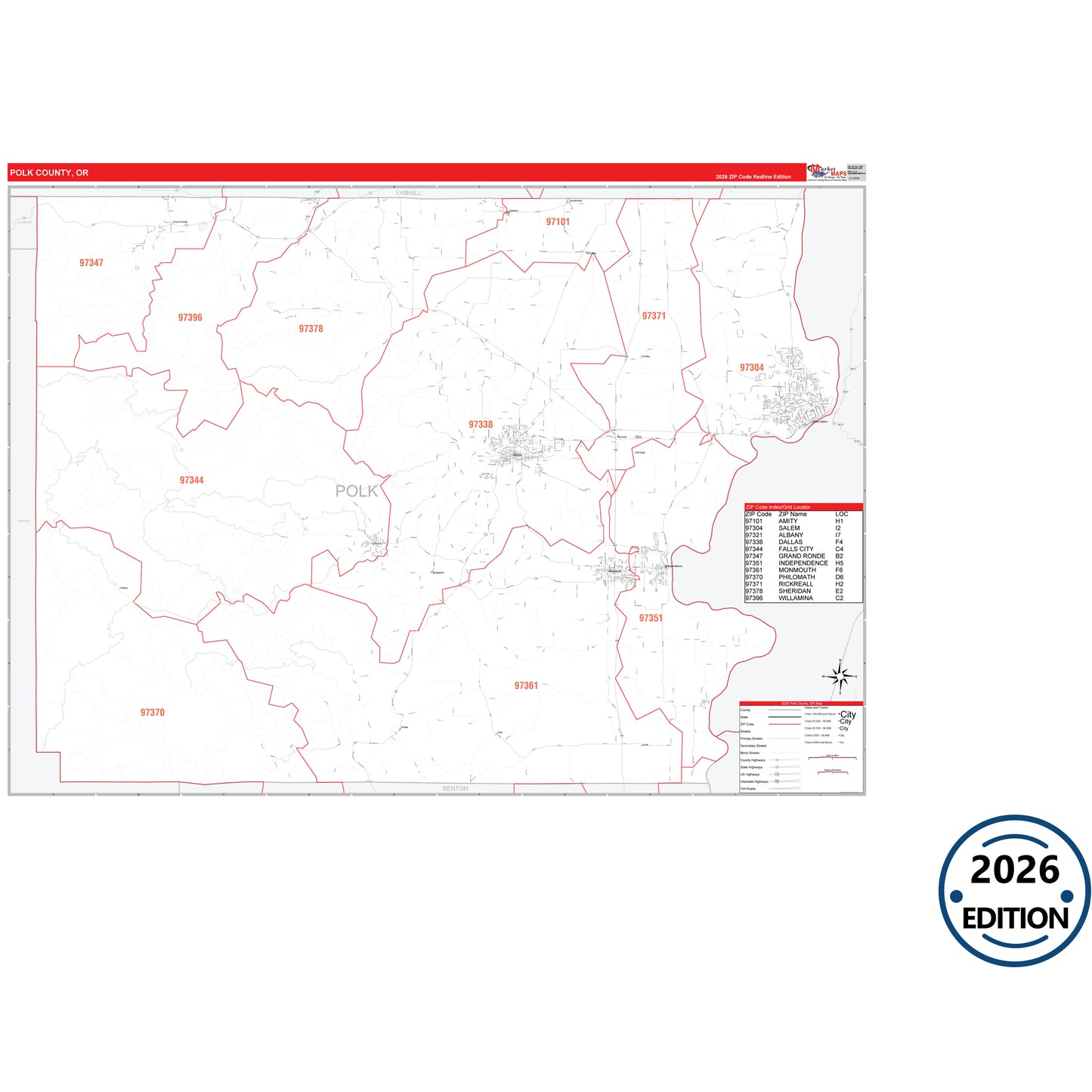 Polk County, OR Red Line 5 Digit ZIP Code Wall Map