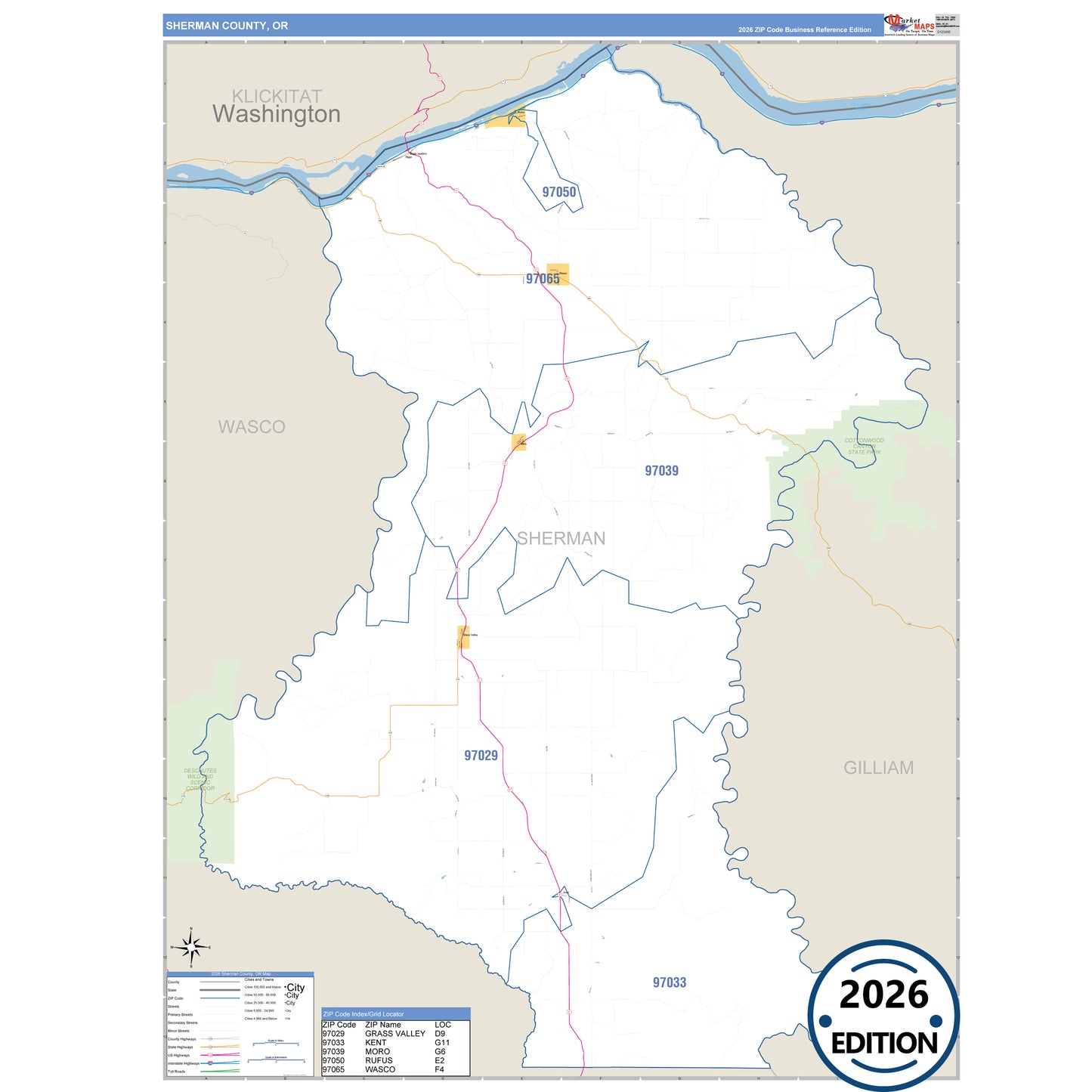 Sherman County, OR Business Reference 5 Digit ZIP Code Wall Map