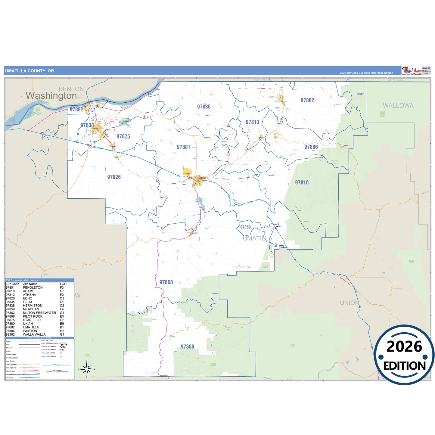 Umatilla County, OR Business Reference map with detailed roads, cities, and ZIP code boundaries.