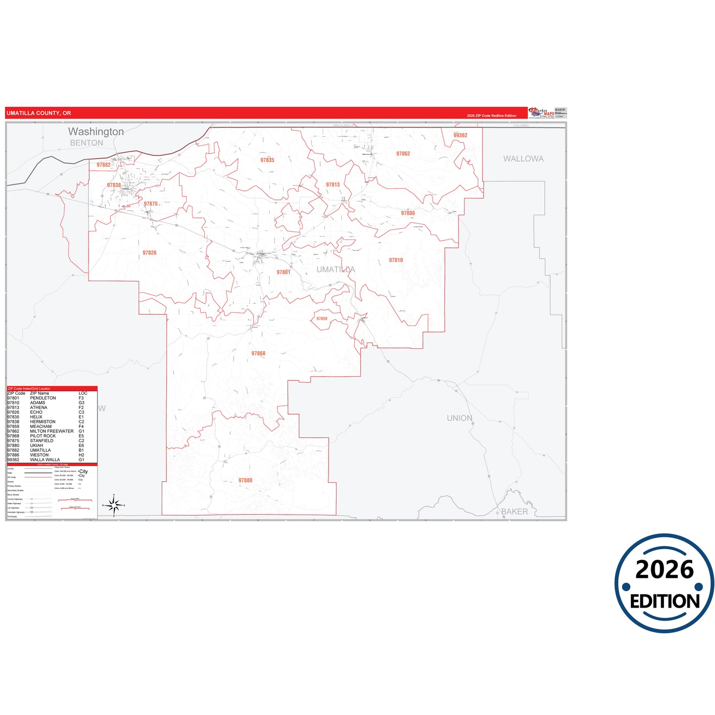 Umatilla County, OR Red Line 5 Digit ZIP Code Wall Map