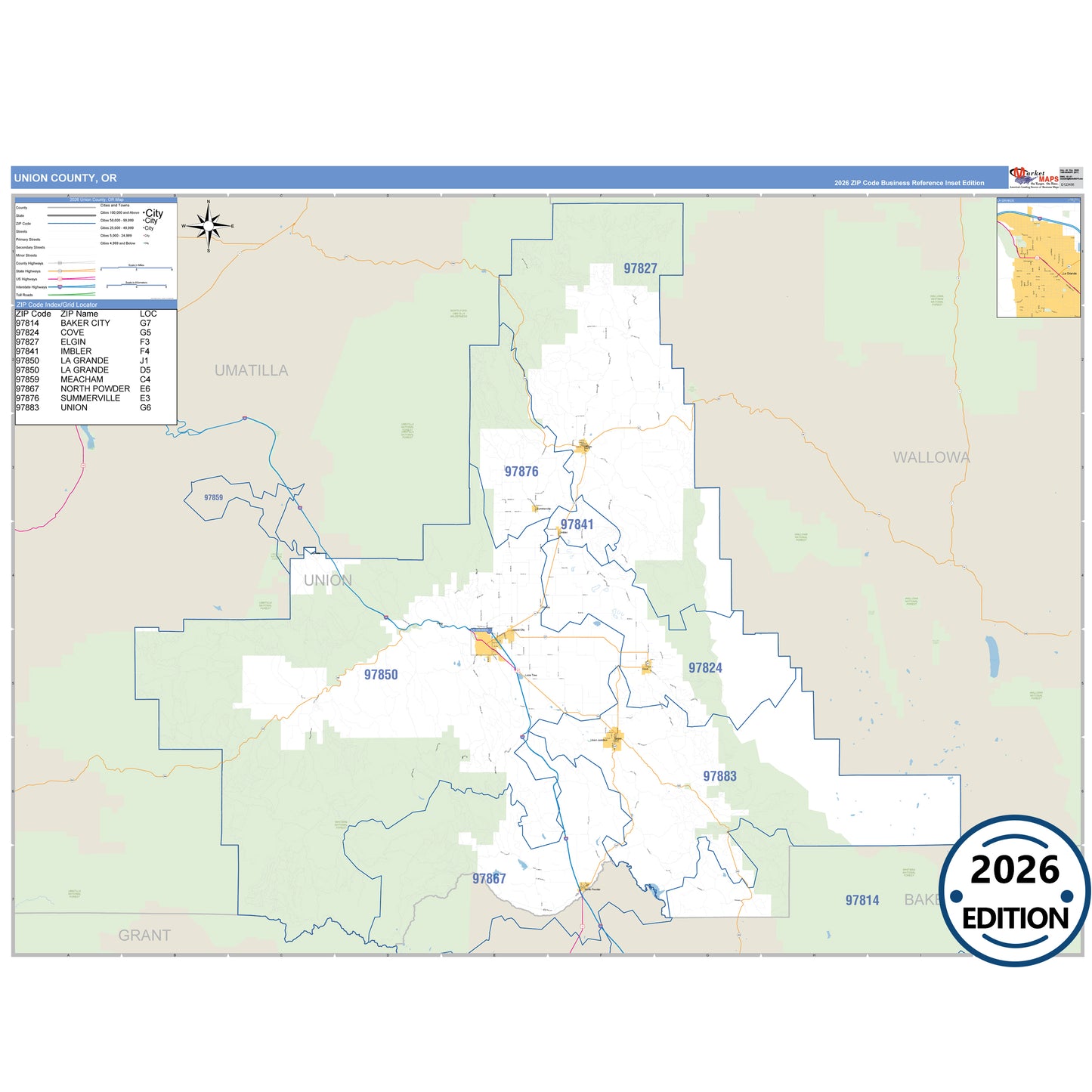 Union County, OR Business Reference 5 Digit ZIP Code Wall Map