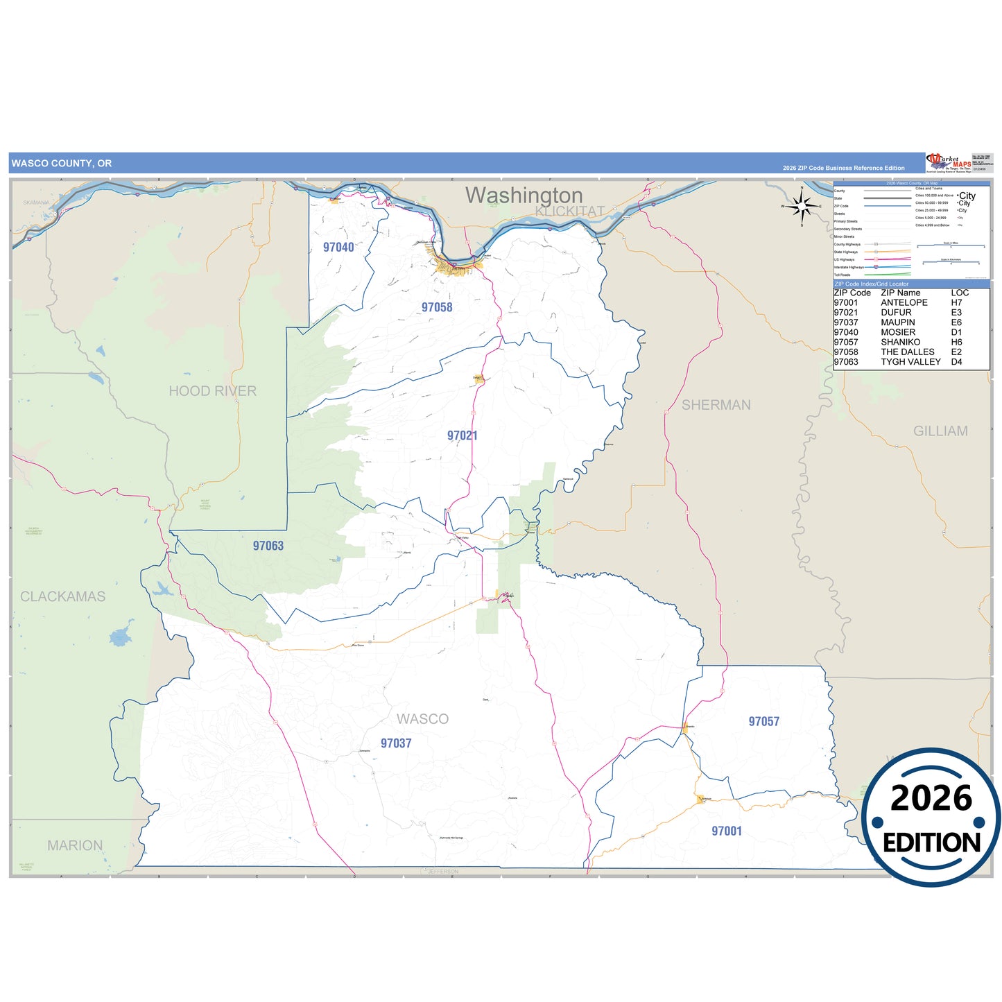 Wasco County, OR Business Reference 5 Digit ZIP Code Wall Map