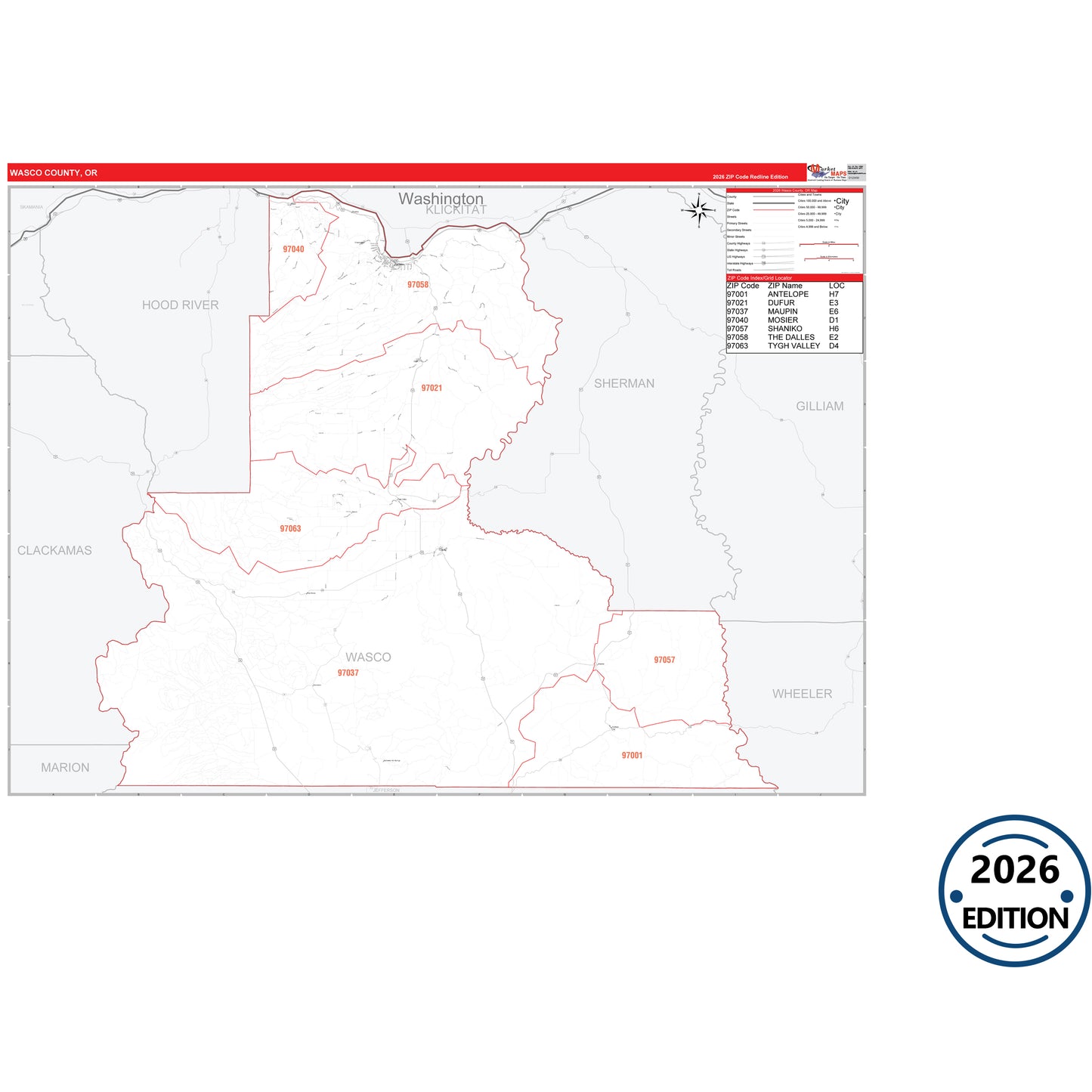 Wasco County, OR Red Line 5 Digit ZIP Code Wall Map