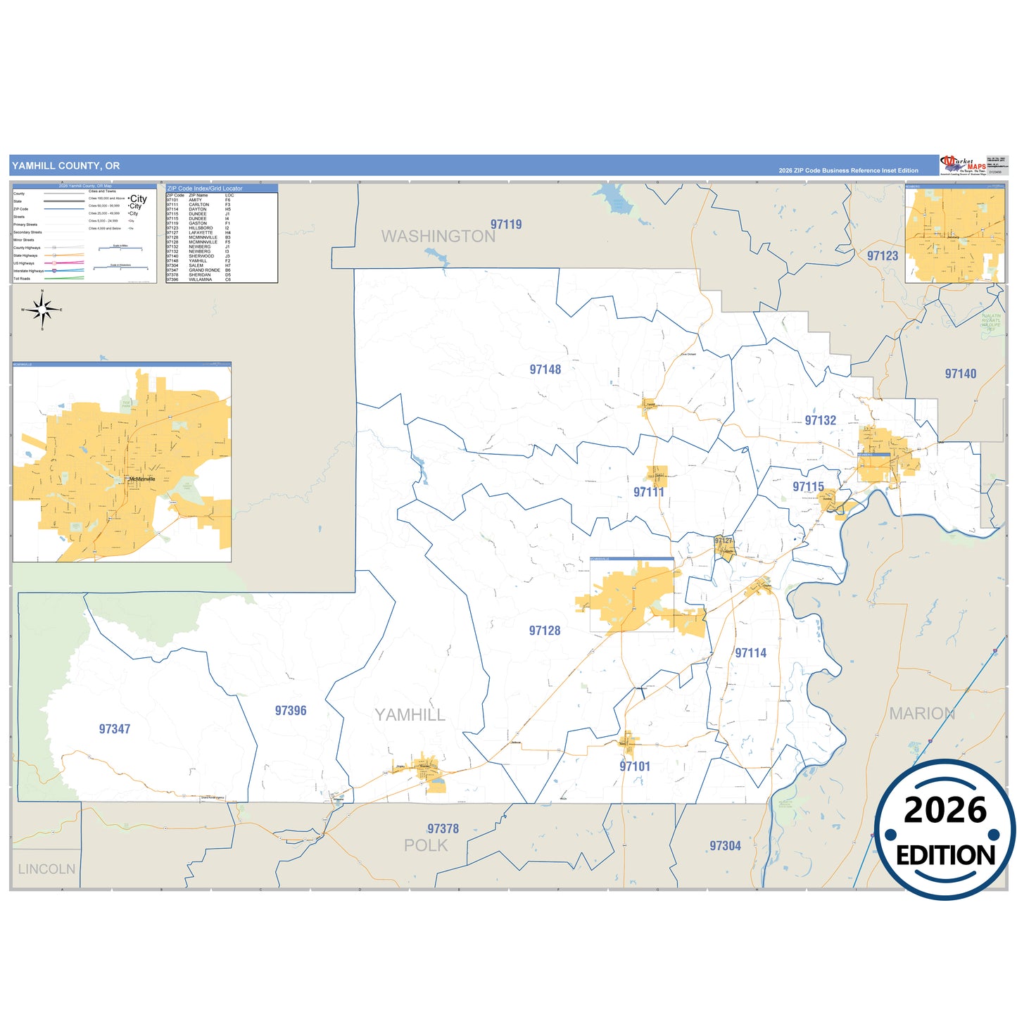Yamhill County, OR Business Reference 5 Digit ZIP Code Wall Map
