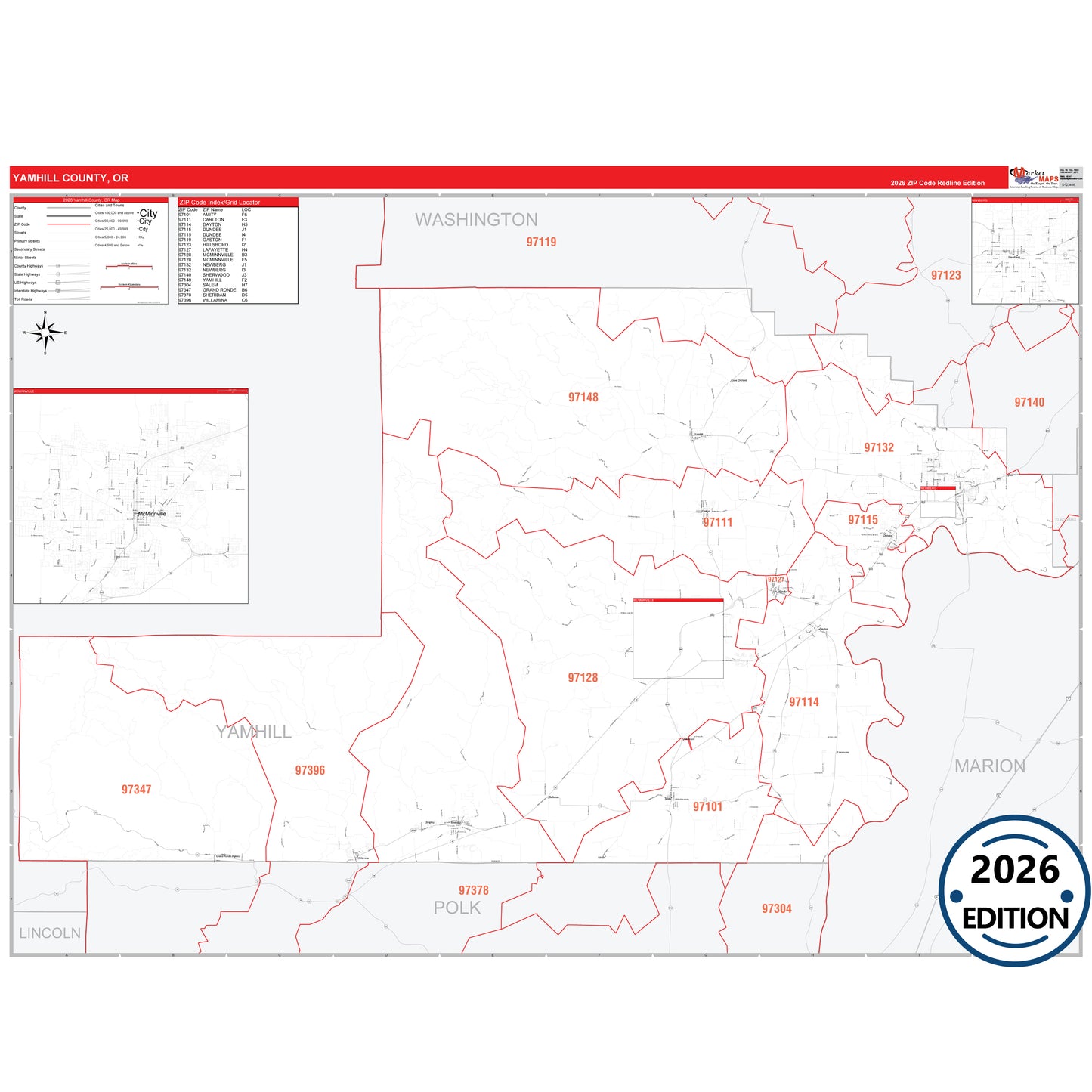 Yamhill County, OR Red Line 5 Digit ZIP Code Wall Map