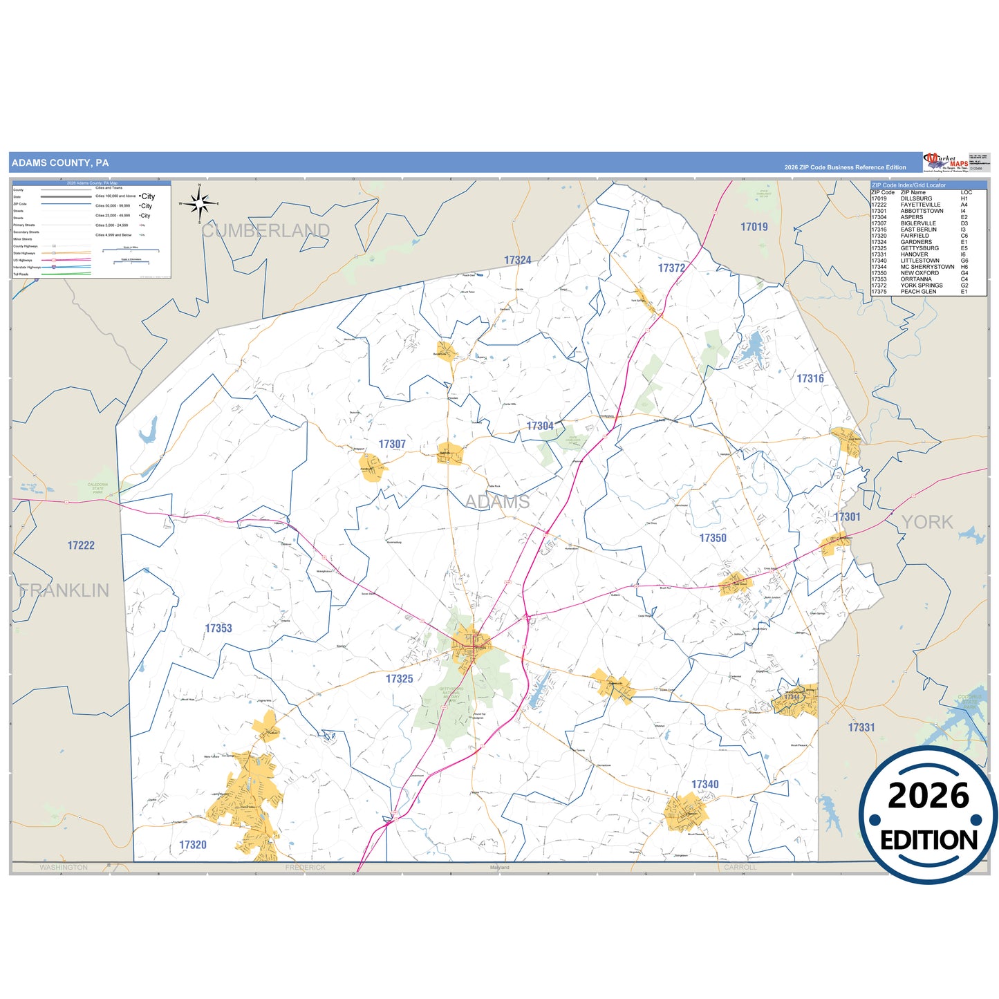 Adams County, PA Business Reference 5 Digit ZIP Code Wall Map
