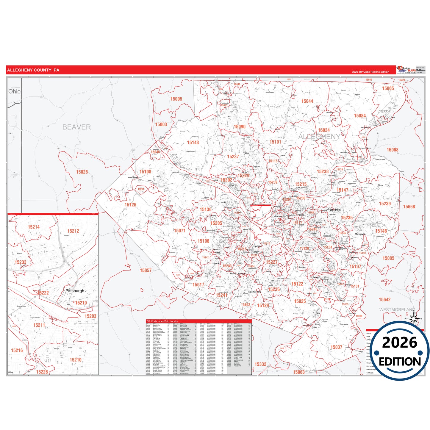 Allegheny County, PA Red Line 5 Digit ZIP Code Wall Map