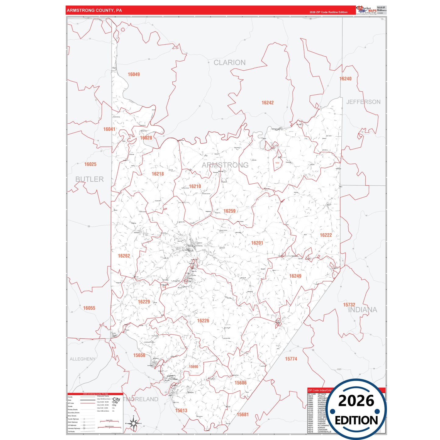Armstrong County, PA Red Line 5 Digit ZIP Code Wall Map