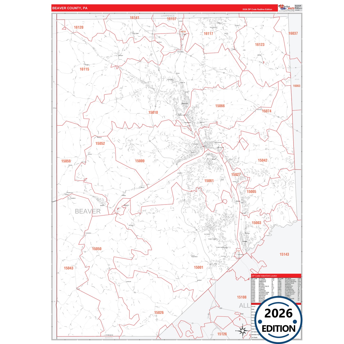 Beaver County, PA Red Line 5 Digit ZIP Code Wall Map
