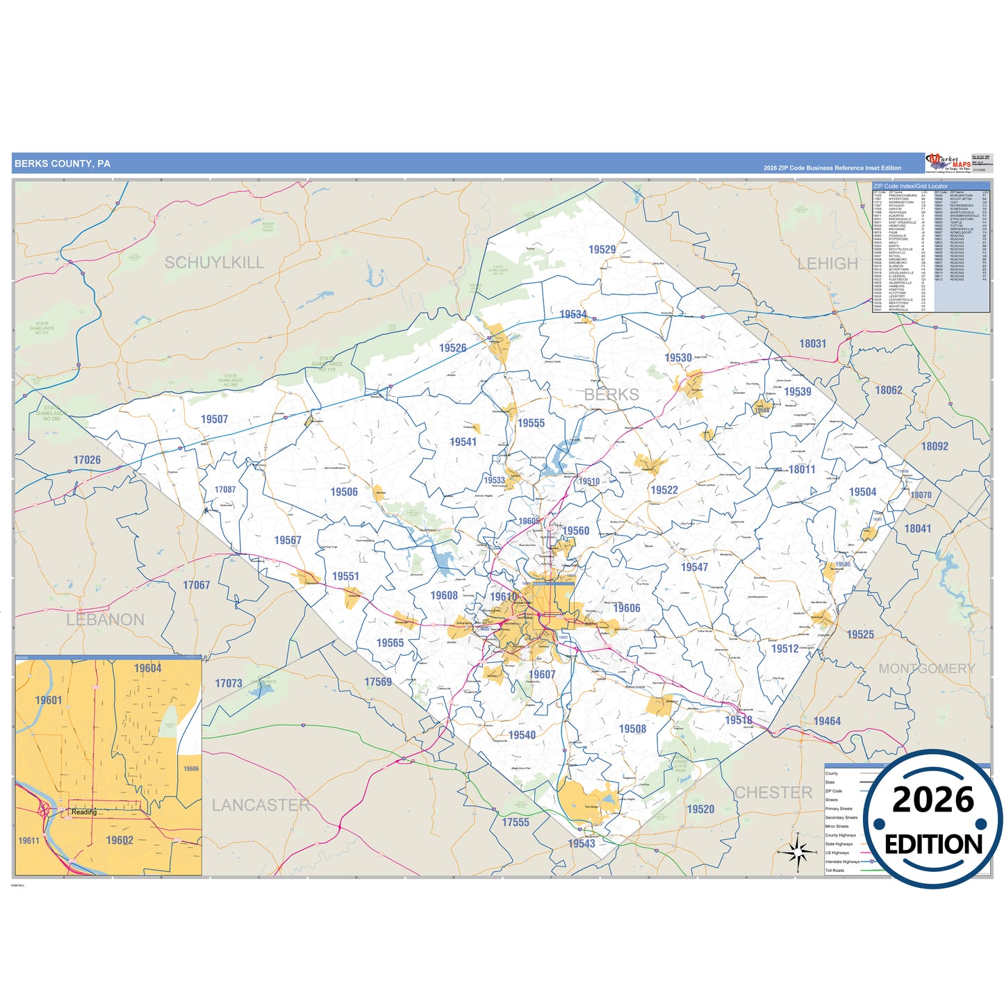 Berks County, PA Business Reference 5 Digit ZIP Code Wall Map