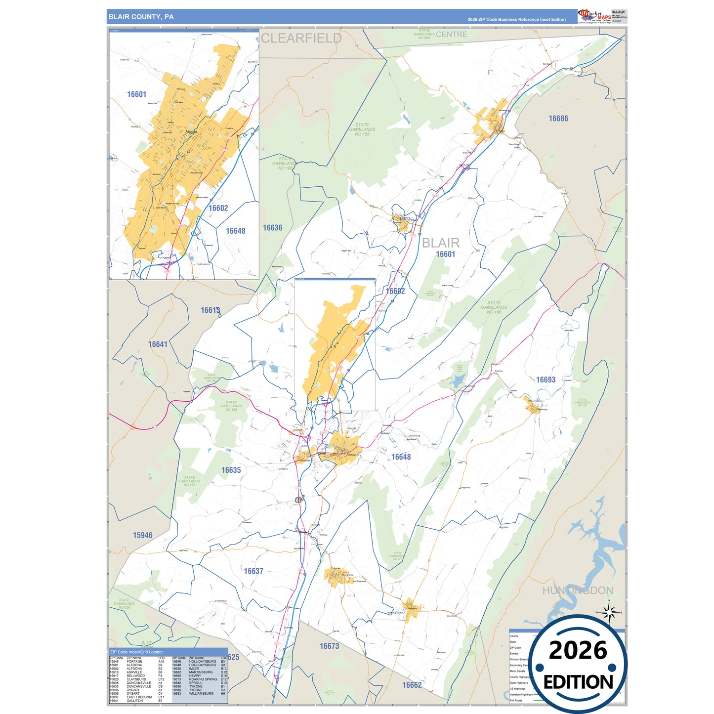 Blair County, PA Business Reference 5 Digit ZIP Code Wall Map