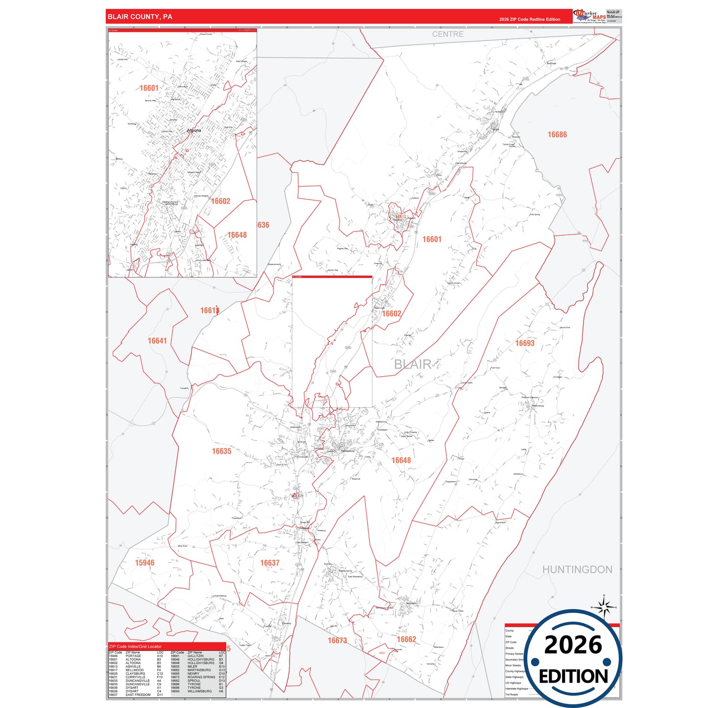Blair County, PA Red Line 5 Digit ZIP Code Wall Map