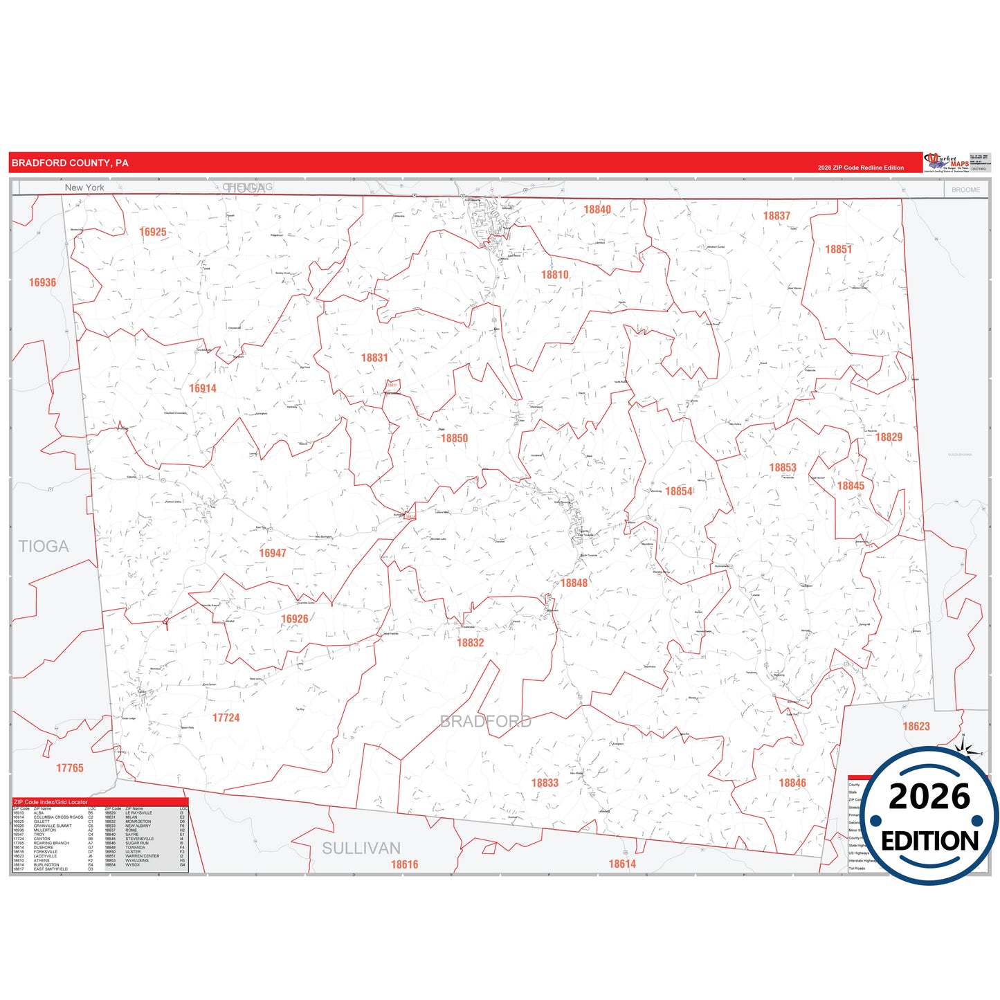 Bradford County, PA Red Line 5 Digit ZIP Code Wall Map