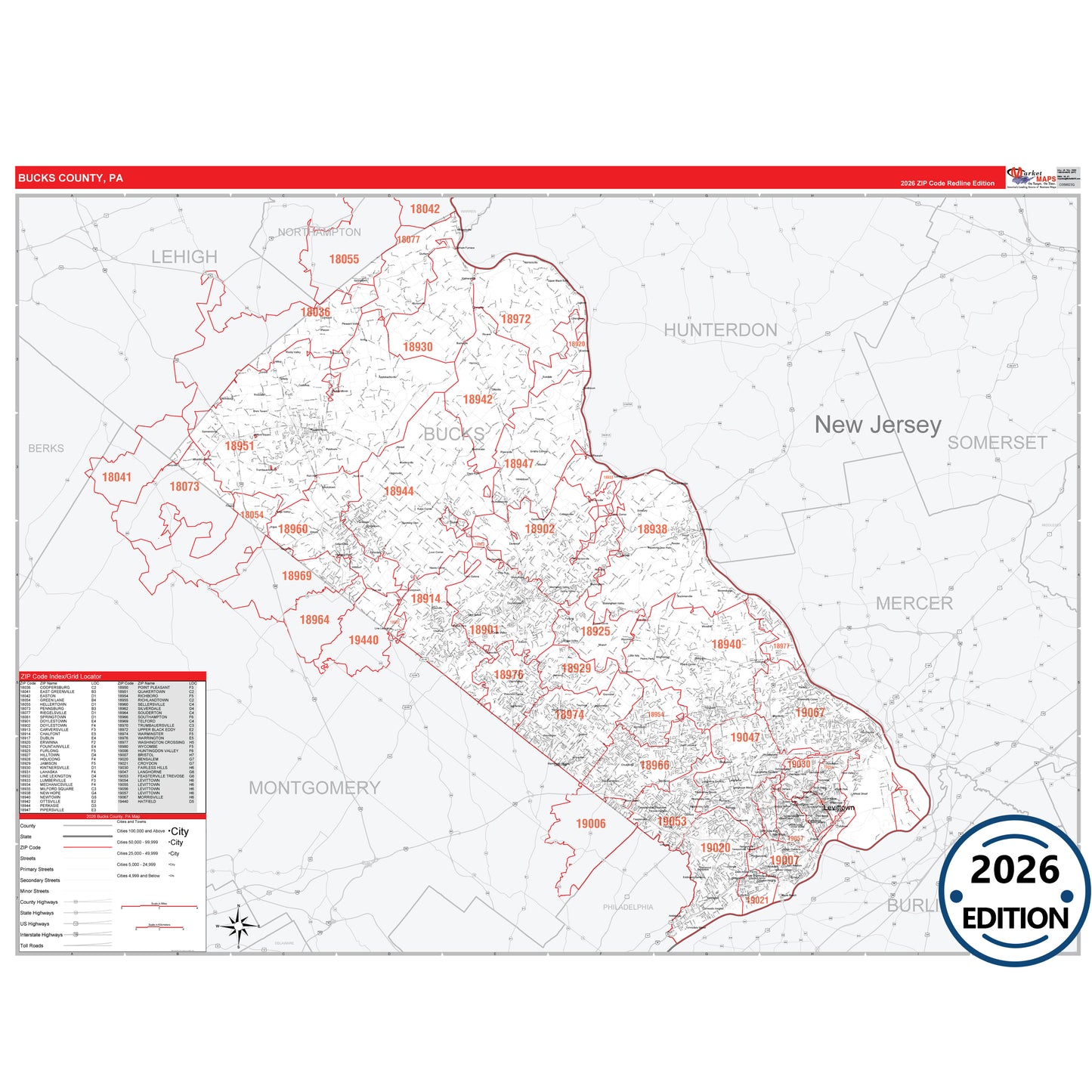 Bucks County, PA Red Line 5 Digit ZIP Code Wall Map