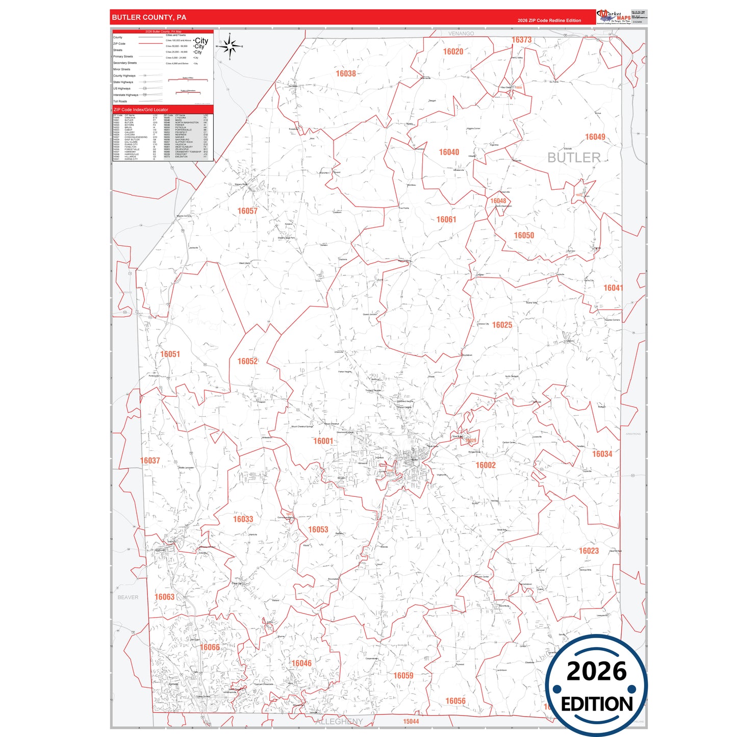Butler County, PA Red Line 5 Digit ZIP Code Wall Map