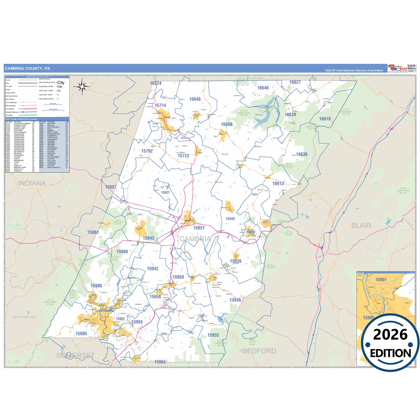 Cambria County, PA Business Reference 5 Digit ZIP Code Wall Map