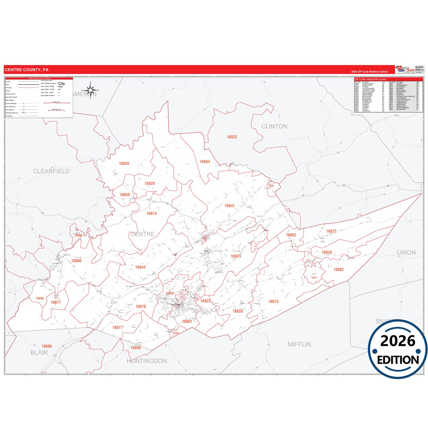 Centre County, PA Red Line 5 Digit ZIP Code Wall Map