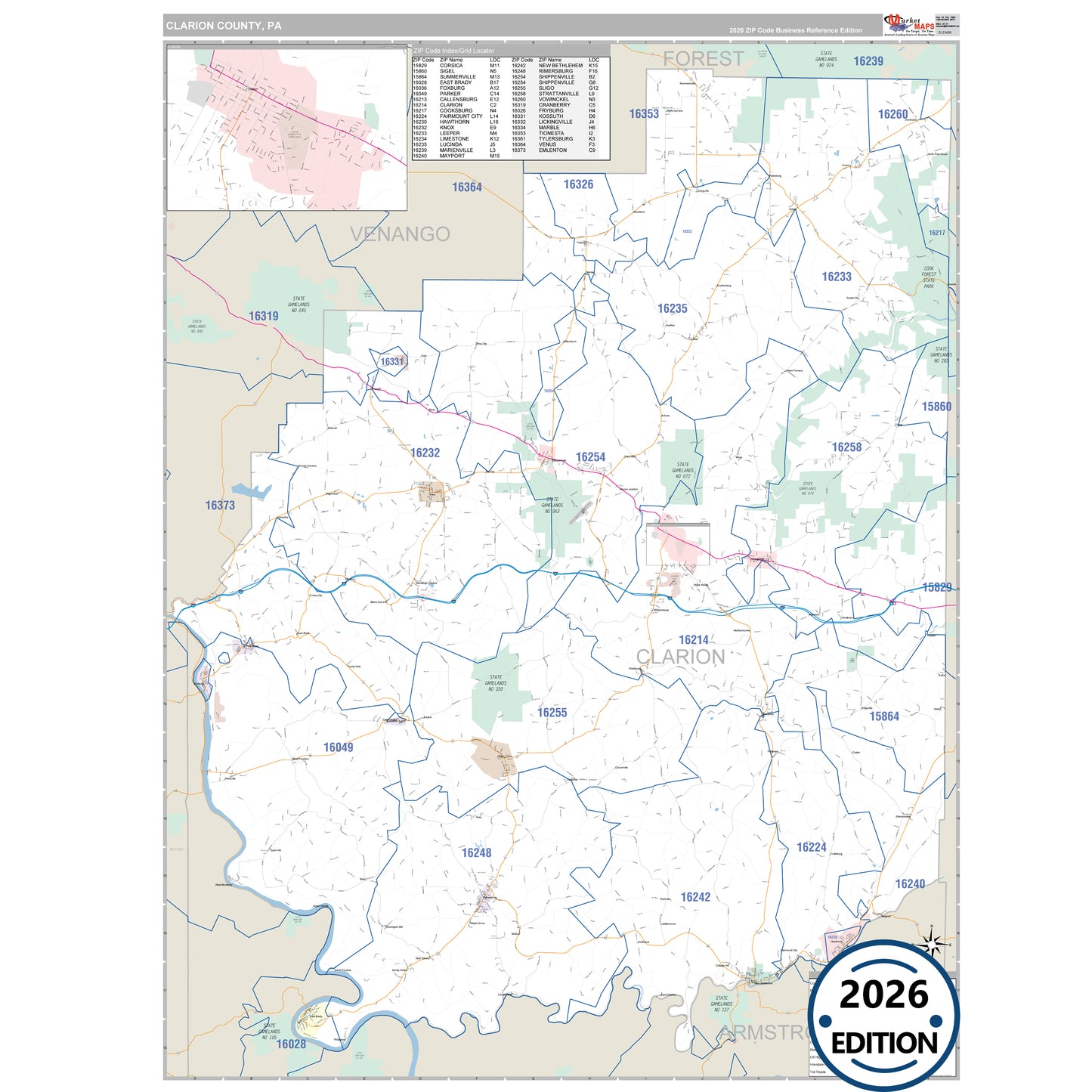 Clarion County, PA Business Reference 5 Digit ZIP Code Wall Map