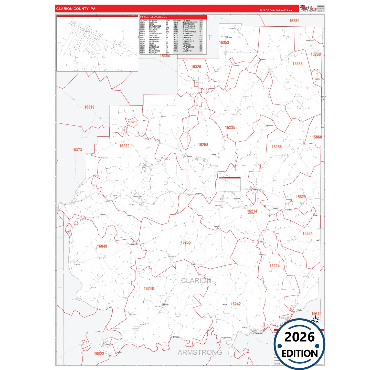 Clarion County, PA Red Line 5 Digit ZIP Code Wall Map