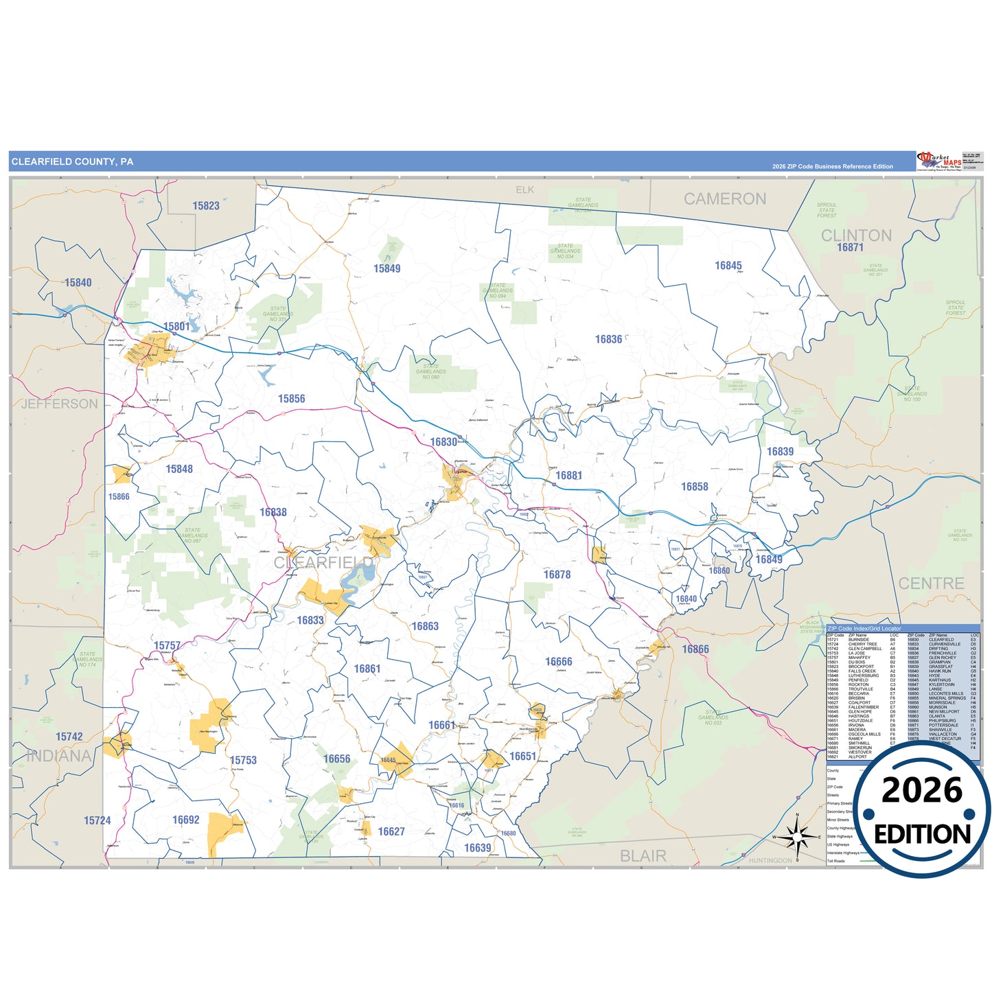 Clearfield County, PA Business Reference 5 Digit ZIP Code Wall Map