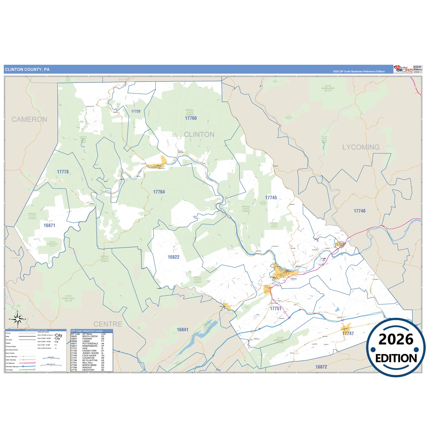 Clinton County, PA Business Reference 5 Digit ZIP Code Wall Map