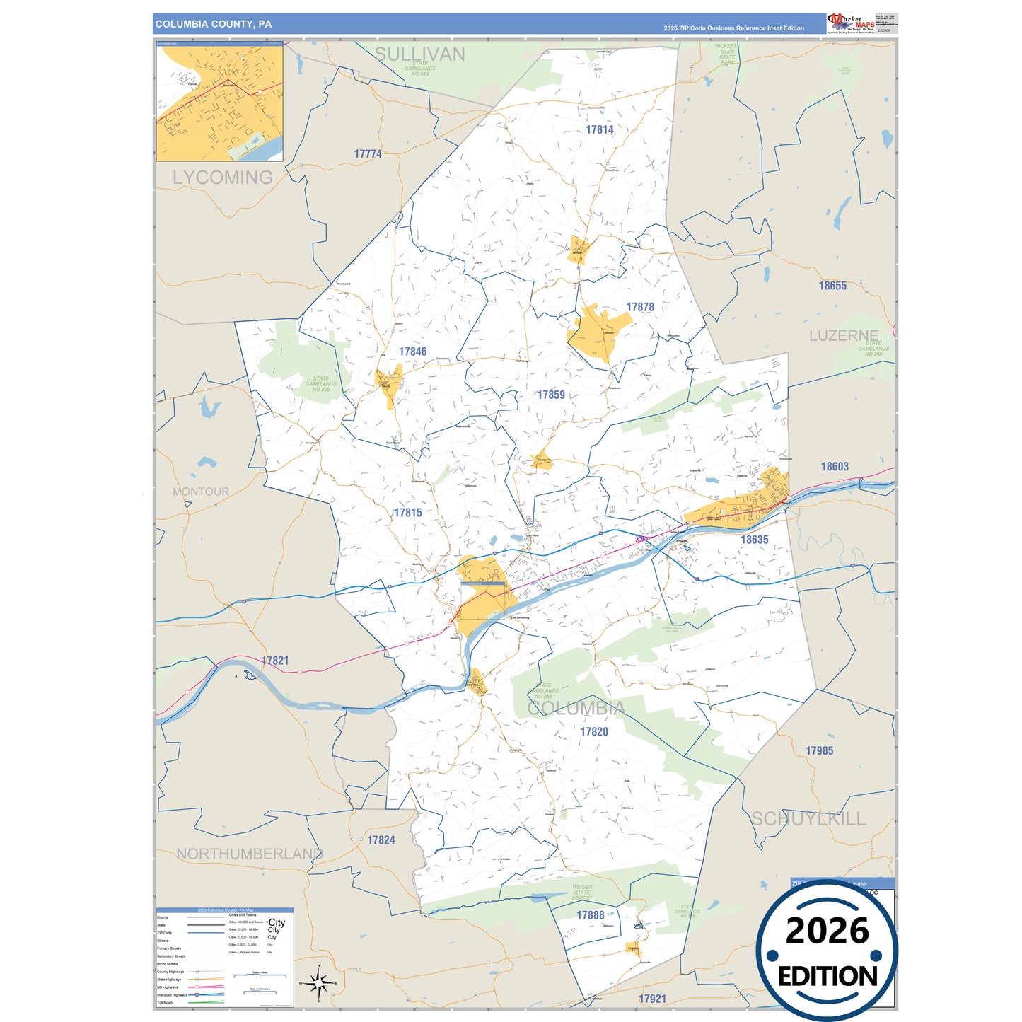 Columbia County, PA Business Reference 5 Digit ZIP Code Wall Map